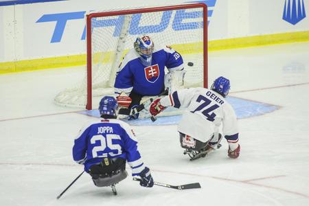 Český parahokejista Geier pred bránkou slovenského tímu. Z úvodného vystúpenia Slovenska na MS v parahokeji v Buffale.