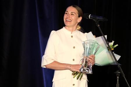 Kráľovná biatlonovej stopy Paulína Bátovská Fialková počas galavečera TIPOS Biatlonista roka 2025, ktorú pripravil Slovenský zväz biatlonu v Aule SZU v Banskej Bystrici 20. mája 2025. 