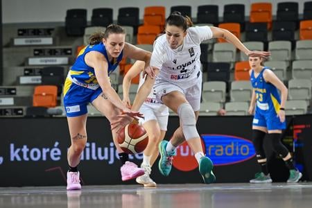 Na snímke zľava Katy Armanuová (Rumunsko) a Veronika Remenárová (Slovensko) počas kvalifikačného zápasu F-skupiny na FIBA EuroBasket žien.