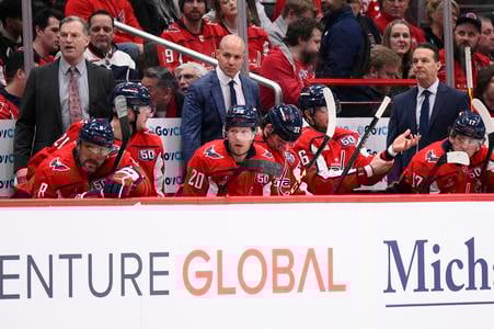 Lavička Washingtonu Capitals s hlavným trénerom Spencerom Carberym. AP Photo/Nick Wass