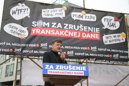 The opposition SaS party, organised a protest rally against the transaction tax in Košice on May 6, featuring among other also its MP Alojz Hlina.