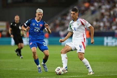 Tomáš Rigo (Slovakia) and Italy’s Matteo Prati during the Group A match between Slovakia and Italy at the Under-21 European Championship in Trnava on Saturday, 14 June 2025.
