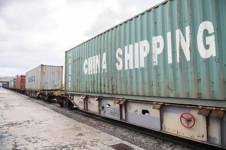 A freight train from China during its ceremonial welcome at the transhipment terminal of the Bratislava cargo port on Monday, 13 November 2017.