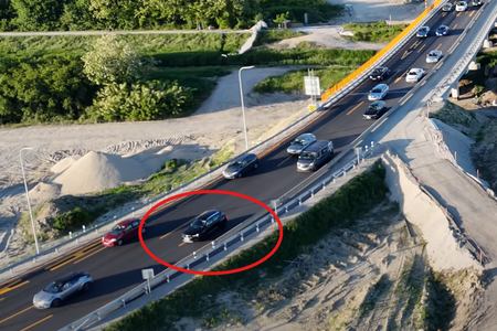 A view of the narrow, winding section of the D1 as it nears Bratislava. The highlighted vehicle is occupying both the left and middle lanes at the same time.