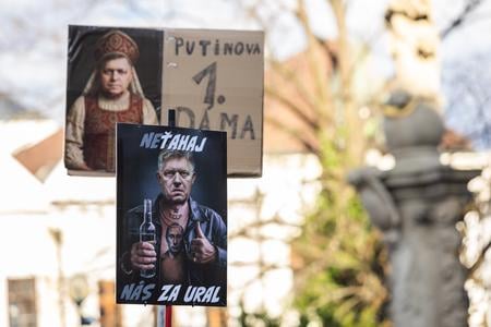 A poster reads: "Putin's First Lady."