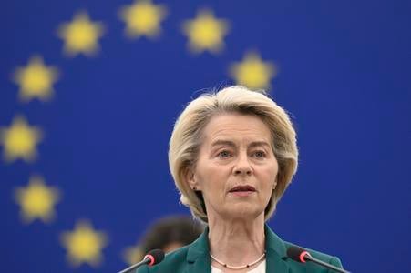 European Commission President Ursula von der Leyen delivers her speech on Tuesday, 8 July 2025, at the European Parliament in Strasbourg, eastern France.
