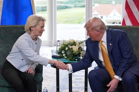 President Donald Trump shakes hands with European Commission President Ursula von der Leyen as they meet at the Trump Turnberry golf course in Turnberry, Scotland, on 27 July 2025.
