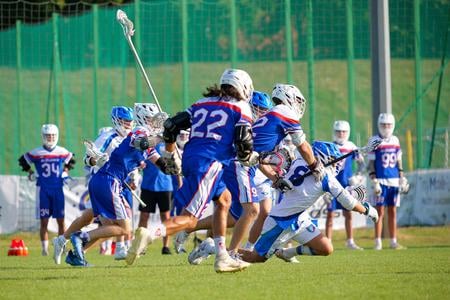 Slovakia facing off Italy during the 2025 European Men's Lacrosse Championship in Poland.