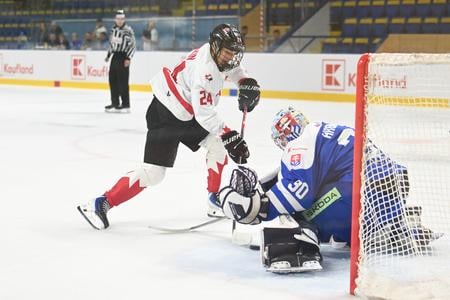 Na snímke vpravo brankár Slovenska Samuel Hrenák a hráč Kanady Dimian Zhilkin počas prípravného zápasu hráčov do 18 rokov pred Hlinka Gretzky Cupom Slovensko - Kanada v Piešťanoch.