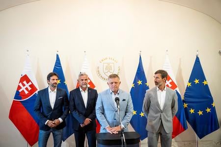 PM Robert Fico, Defence Minister Robert Kaliňák, Foreign Minister Juraj Blanár and Deputy Speaker Tibor Gašpar at their press conference, 15 August 2025, Bratislava.