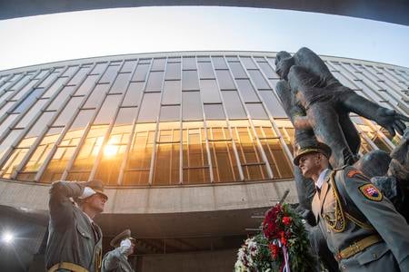 The Slovak president’s honour guard salutes at the memorial during the central commemoration of the 80th anniversary of the Slovak National Uprising in Banská Bystrica on Thursday, 29 August 2024.