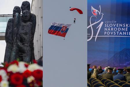 From left: the Obete varujú (Victims Warn) monument; a parachute at the SNP commemoration; guests in front of the stage in Banská Bystrica.