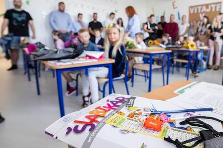 Pupils at the primary school in Slovenský Grob near Bratislava on their first day of school.