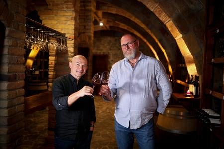 Vladimír Mrva (left) and Peter Stanko in the wine cellar of their Víno Mrva & Stanko winery.