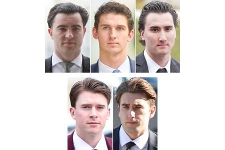 Pätica hokejistov zapletená do sexuálneho škanduálu: vľavo hore Dillon Dube, Cal Foote, Alex Formenton, vľavo dole Carter Hart a Michael McLeod.,