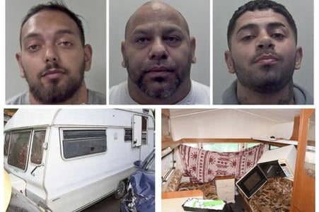 From left: Kevin Horvath, Ivan Turtak and Ernest Gunar./The caravan where the 12-year-old was held for three days before managing to escape.