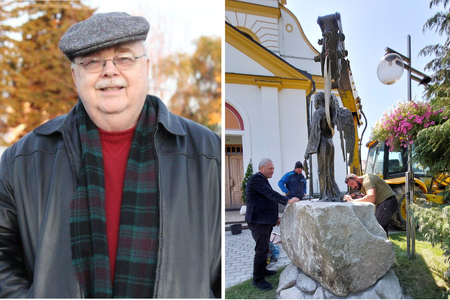 Thomas Klimek Ward (left) and the installation of the bronze statue in Habovka (right)