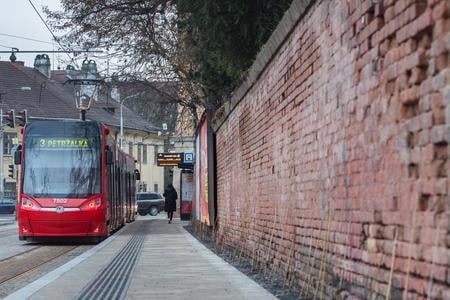 A tram stop at Americké námestie in Bratislava, 14 December 2020.