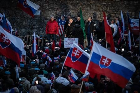 Participants in a protest against the approval of the Defence Cooperation Agreement (DCA) between the Slovak and US governments outside parliament in February 2022.