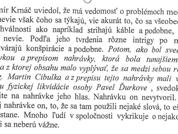 Napriek posudku znalkyne aj Krnáč vo výpovedi spochybňuje svoj hlas na nahrávke a popiera, že by nahrával on. Znalkyňa jeho tvrdenie vyvrátila, Cibulka nahrával on na diktafón.