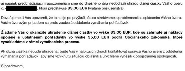 Omeškaná splátka je 48 eur. Keď si Cetelem uplatní fiktívne náklady na jej vymáhanie, stúpne o 35 eur, resp. 73 percent.