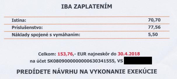 Čo je čo: Istina = pokuta, resp. jej zostatok, Príslušenstvo = trovy právneho zastúpenia, zaplatený súdny poplatok, náklady na zasielanie upomienok a pod., Náklady spojené s vymáhaním = paušálny poplatok Platiť sa oplatí za zaslanie výzvy.