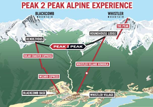 Mapa Peak 2 Peak lanovky a okolia