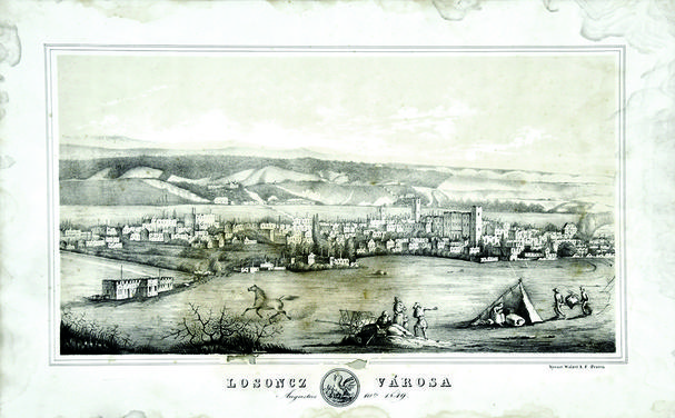 Litografia s idealizovaným vyobrazením vypáleného Lučenca (zbierka NMG Lučenec)
