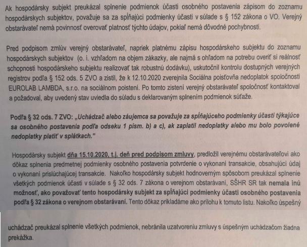 Pasáž zo Súhrnnej správy k zákazke popisujúca stav uhradenia dlhu Sociálnej poisťovni spoločnosťou Eurolab Lambda pred uzatvorením zmluvy so SŠHR.