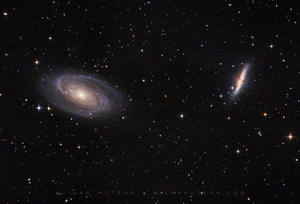 Špirálová galaxia Messier 81 (Bodeho galaxia) a Messier 82 (Galaxia Cigara) sú počas jarných mesiacov jedným z najpopulárnejších cieľov. Doba integrácie cca. 60 minút