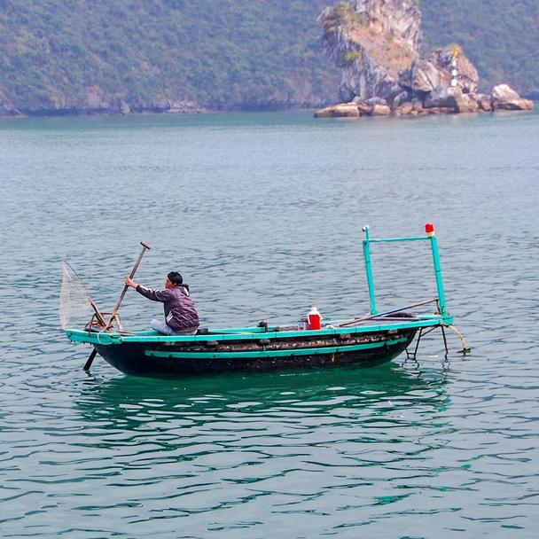 Myslíte že tohto pracujúceho Vietnamca, žijúceho v plávajúcom dome, zaujíma, že má za chrbtom najkrajšiu vápencovú ihlu v zátoke a podľa mňa aj na svete?