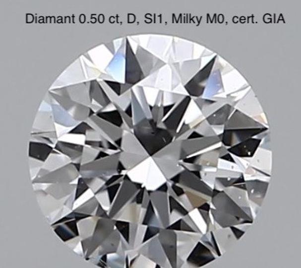 Diamant 0.50 ct, color D, clarity SI1, certifikát GIA, Milky - M0