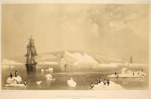 Vľavo loď Astrolabe, vpravo Zélée pri pobreží Adelina zem, autor Louis Le Breton, 1840