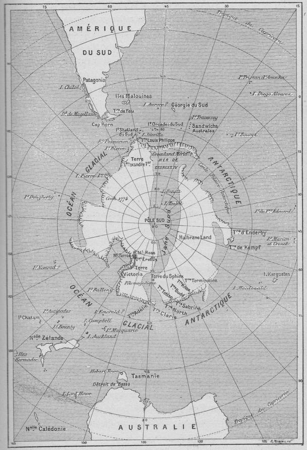 Mapa Antarktídy podľa Julesa Verneho, ktorá bola publikovaná v jeho vedecko-fantastickom románe Ľadová sfinga (Le sphinx des glaces). Príbeh z roku 1839 predpokladá, že sa k južnému pólu je možné dostať po mori cez prieplav, ktorý je potrebné len objaviť.