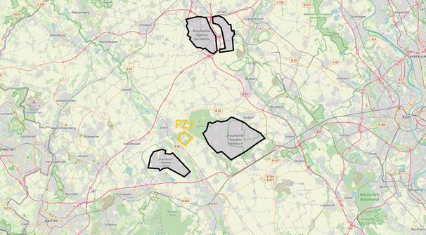 Hlavné oblasti ťažby v revíri - Inden, Hambach a Garzweiler predstavujú krajinné bariéry. Medzi Indenom a Hambachom sa nachádza Forschungszentrum Jülich.