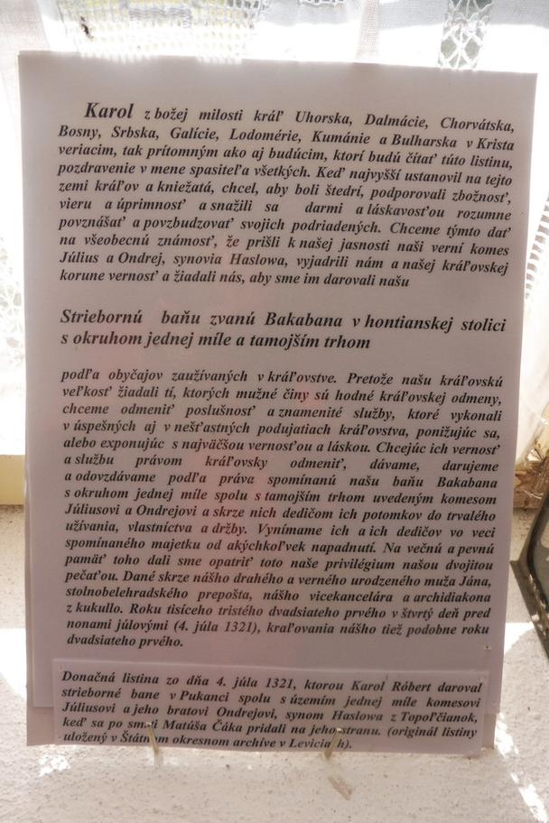 Donačná listina v slovenskom preklade, Expozícia pukanskej histórie.