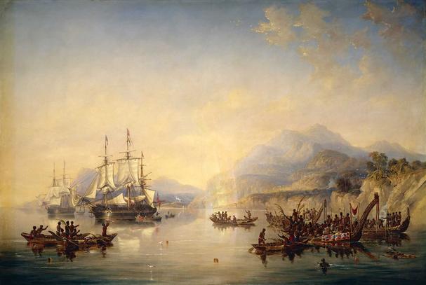 Lode HMS Erebus a HMS Terror pri pobreží Nového Zélandu.