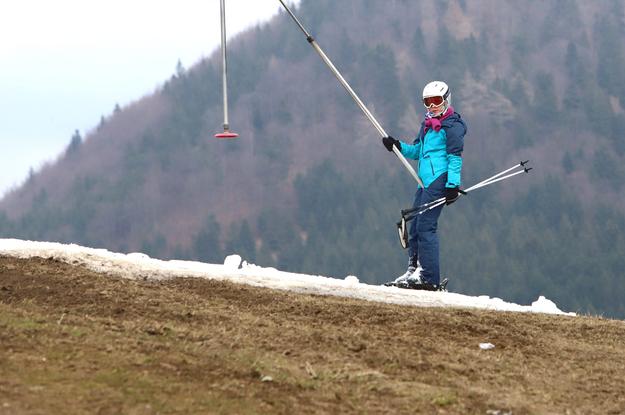 A skier in the Záhradište resort in Donovaly, Banská Bystrica Region. The popular skiing locality has insufficient snow.
