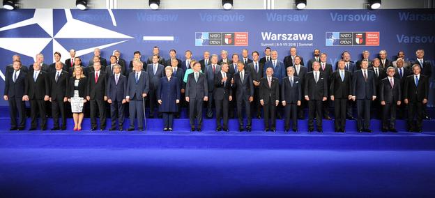 Participants of the NATO summit in Warsaw; Slovak President Andrej Kiska 5th L in bottom row.