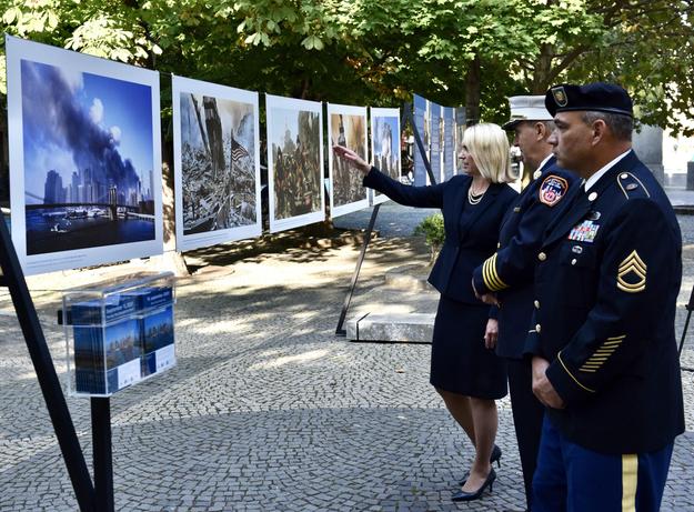 The photo exhibition marking the 20th anniversary of the 9/11 teorist attacks in centre of Bratislava.