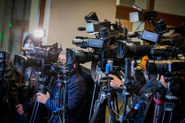 Journalists during a press conference.