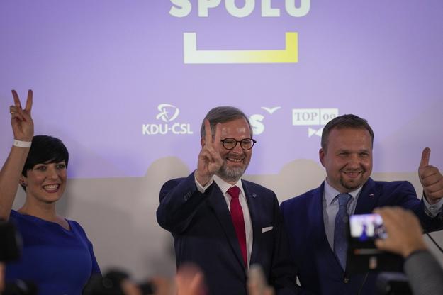 The leaders of three parties that are part of the winning coalition Spolu; l-r: Markéta Pekarová Adamová of TOP 09, Petr Fiala of ODS and Marian Jurečka of KDU-ČSL. 
