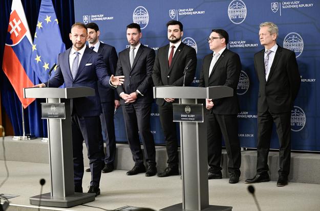 Interior Minister Matúš Šutaj Eštok (Hlas) speaks during a press conference after a meeting of the Security Council at the Government Office on Friday, January 10, 2025, in Bratislava.
