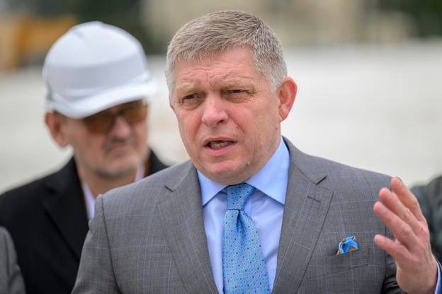 Prime Minister Robert Fico during his visit to the construction site of the new military hospital in Prešov, eastern Slovakia, on 14 April 2025.