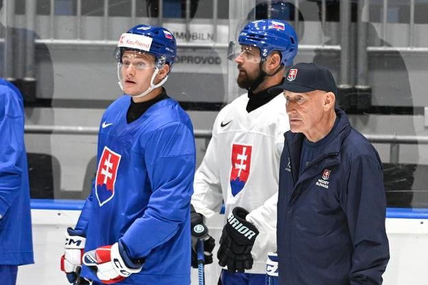 Tomáš Tatar počas tréningu slovenskej reprezentácie vlani v auguste. Vpravo tréner Craig  Ramsay, na snímke je ešte Adam Sýkora.
