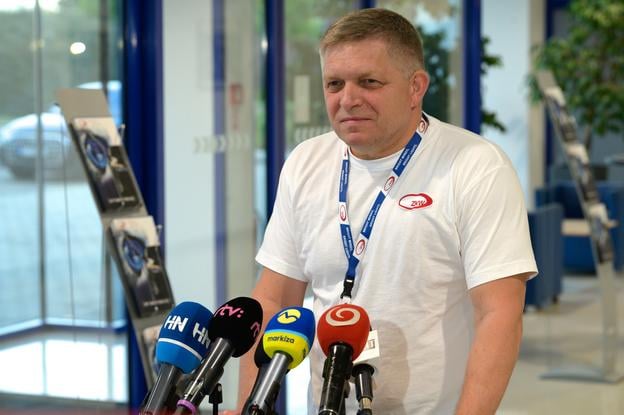 Prime Minister Robert Fico speaks at a press conference after completing a night shift at the ZKW Slovakia plant in Krušovce, Topoľčany district, early on Wednesday, 1 May 2024.