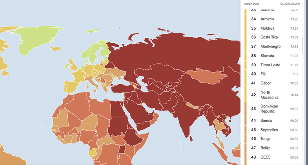 A map showing Reporters Without Borders' latest ranking of media freedom worldwide. Slovakia is highlighted in yellow, at 38th place.