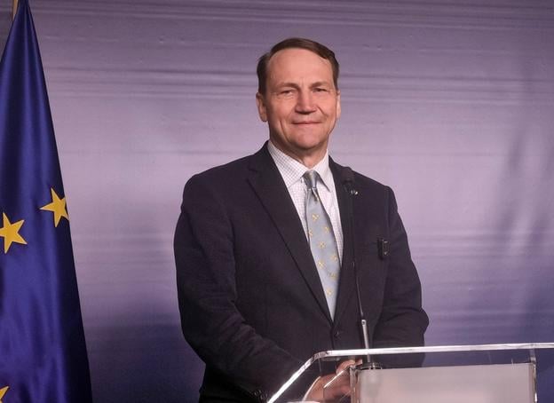 Polish Foreign Minister Radoslaw Sikorski during a press conference on 6 May 2025 in Warsaw.