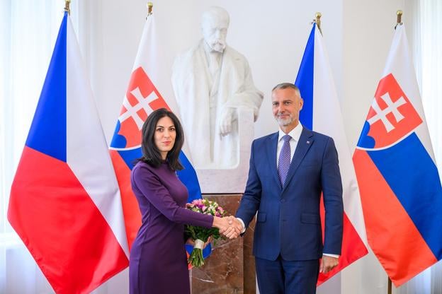 Slovak Speaker of Parliament Richard Raši (right) together with his Czech counterpart Markéta Pekarová Adamová during the former's first official foreign trip. Raši will also meet with Czech President Petr Pavel. She criticised Slovak PM Robert Fico's trip to Moscow, saying that it may be his sovereign action, but it also tells a lot about him. Raši said he will observe the day paying respects to monuments in Slovakia.