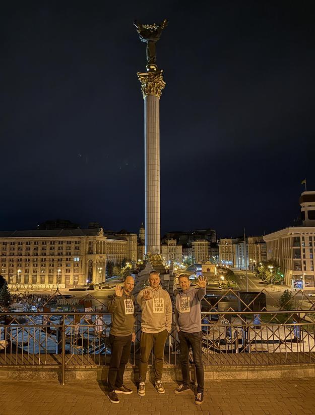 Members of the Slovakia party, Gábor Grendel (left), Roman Mikulec (middle), and Igor Matovič (right) visited the Ukrainian capital, Kyiv, on Friday, May 9.